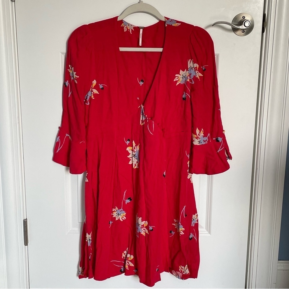 Free People Time On My Side Red Floral Print Wrap Mini Dress - 35555 - Picture 3 of 14